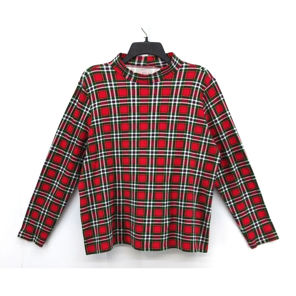 Kim Rogers Perfectly Soft Shirt Womens Size L Red Green Plaid Mock Neck Holidays